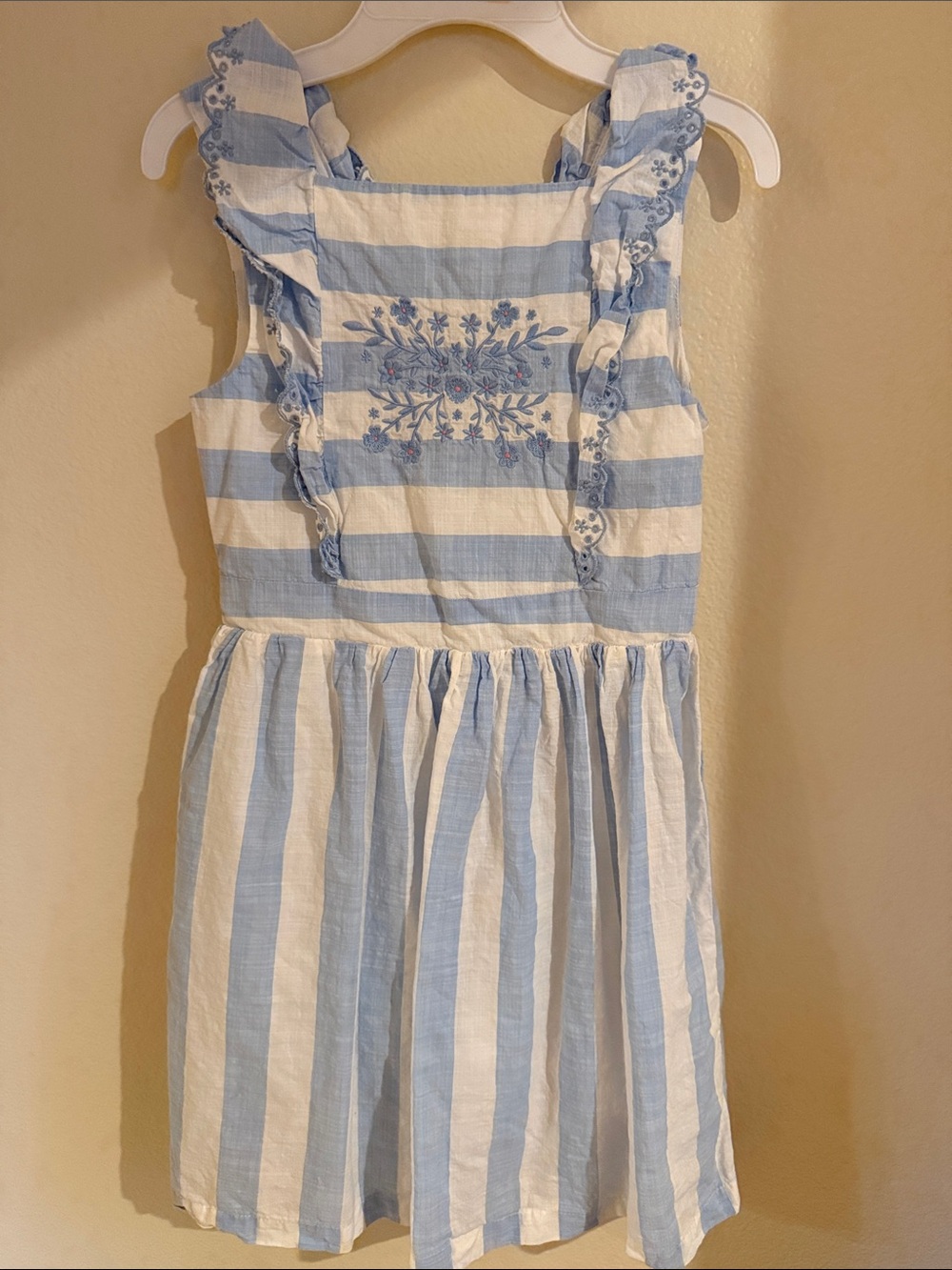 Girls Blue and White Striped Embroidered Sundress with Ruffle Straps